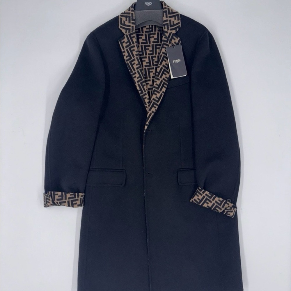 Fendi Navy Blue With Black and Brown Logo Trim Coat